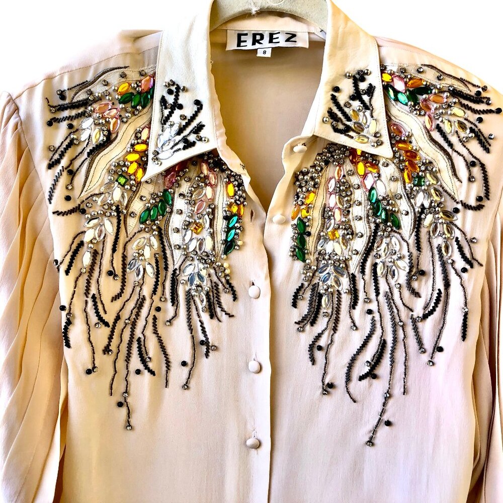 EREZ Vintage 80’s SILK + SNAKESKIN LEATHER Blouse Pleats Beaded BLING - Picture 8 of 16